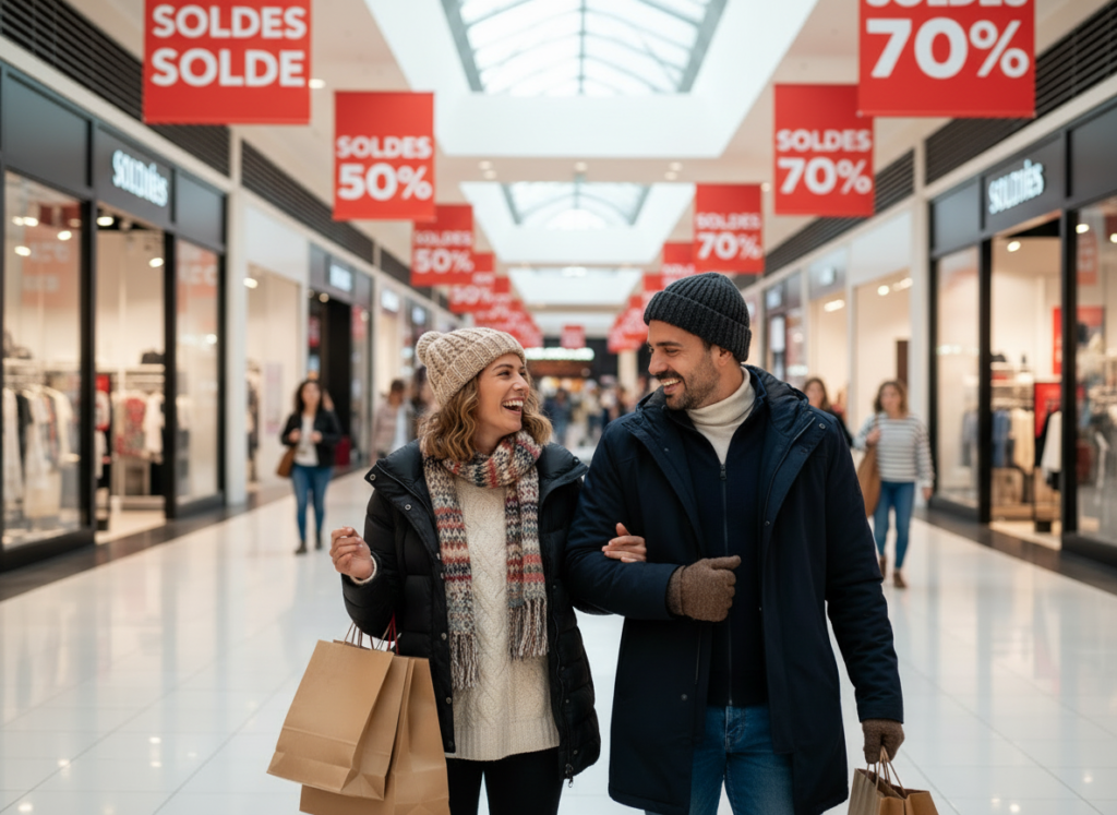 Firefly_Gemini Flash_soldes dans une galerie marchande une femme et un homme avec des vêtements d&rsquo;hiver en 255722