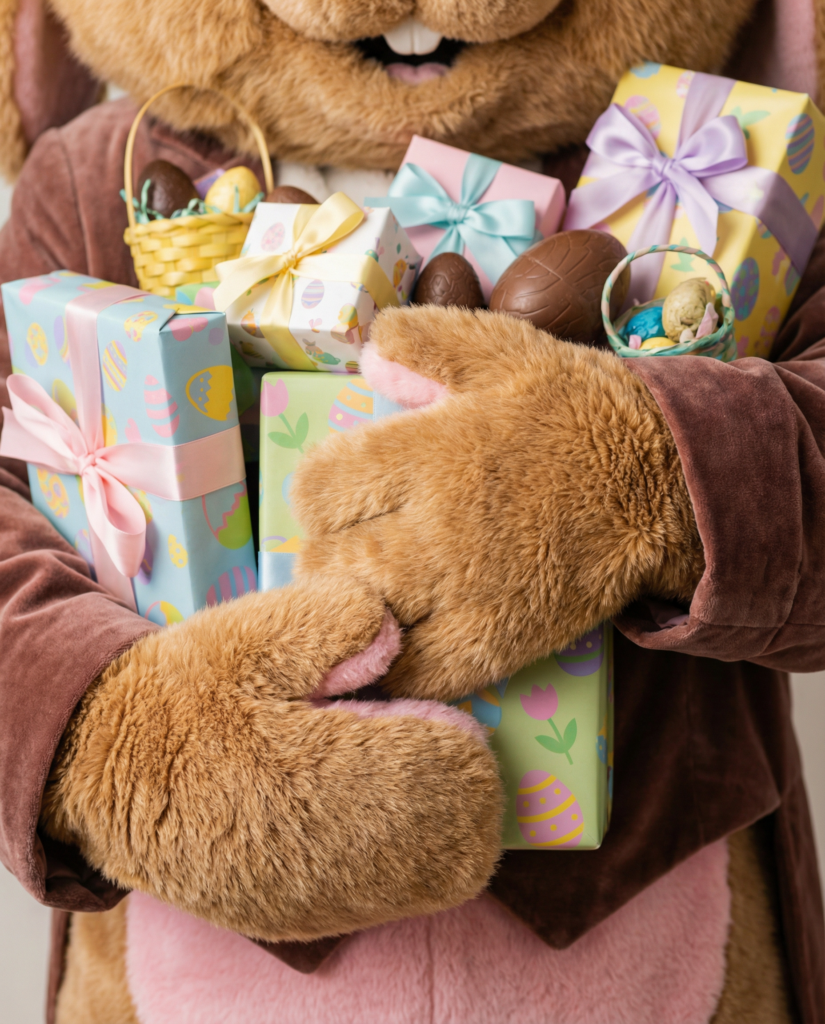 Firefly_Gemini Flash_Mascotte mignonne d&rsquo;un lapin de pâque qui tiens des cadeaux dans ces bras vue de ces 636851